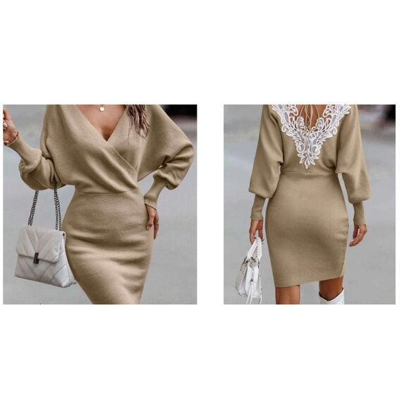 Beige Knit Sweater Dress with Lace Back – Long Sleeve Bodycon Size L - Picture 2 of 10